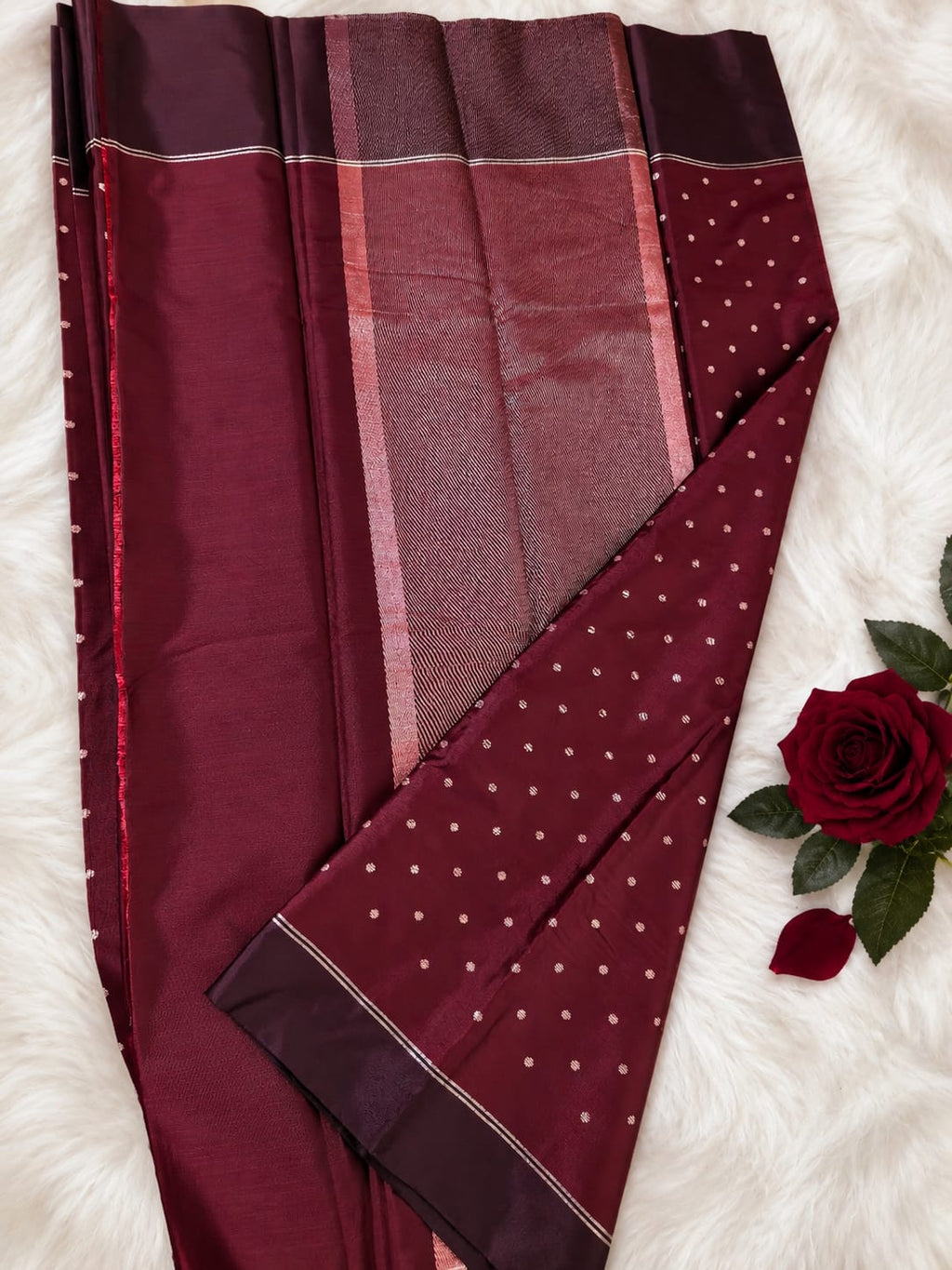 Matka Silk Saree with Woven Polka Dots | Contrast Border