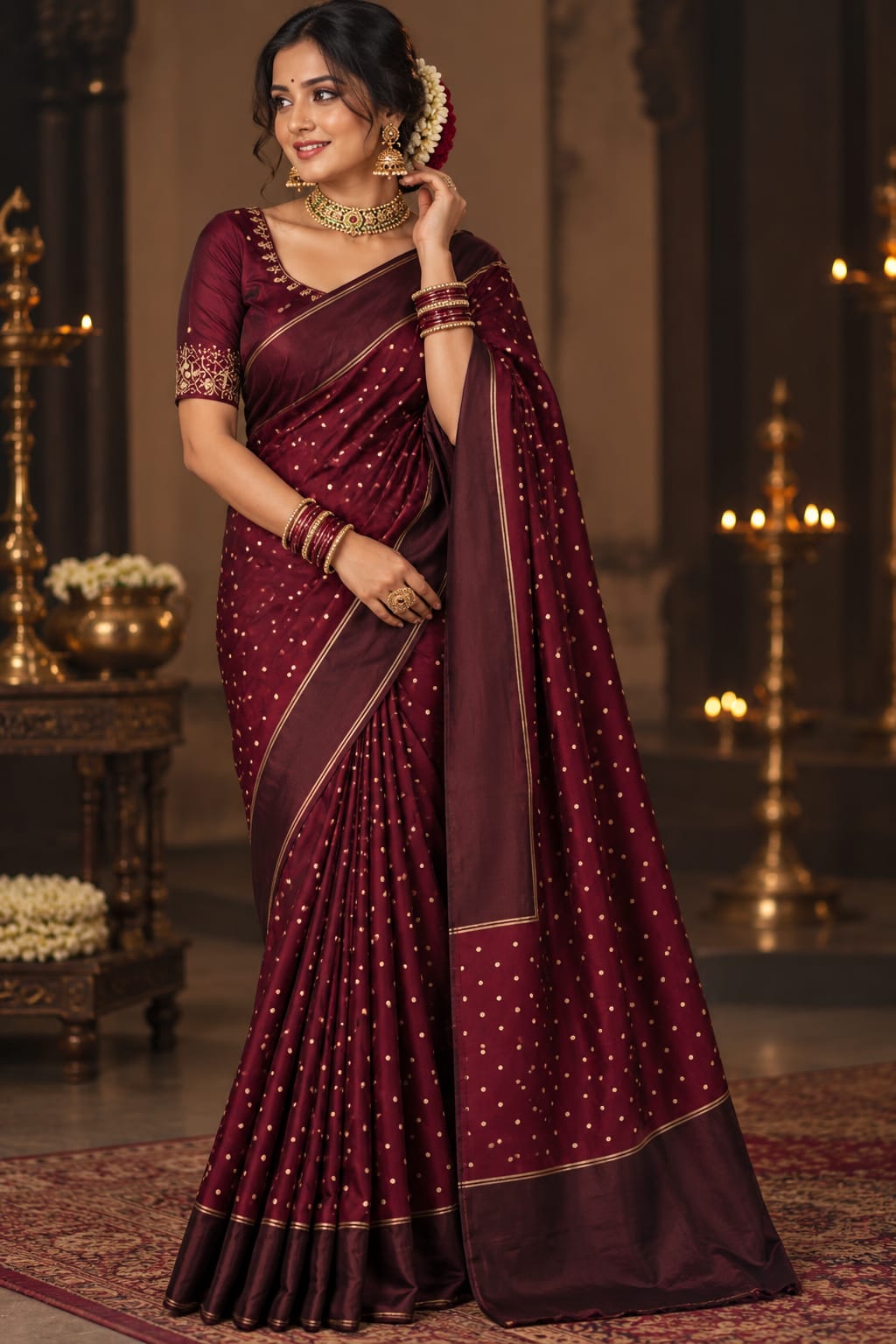 Matka Silk Saree with Woven Polka Dots | Contrast Border