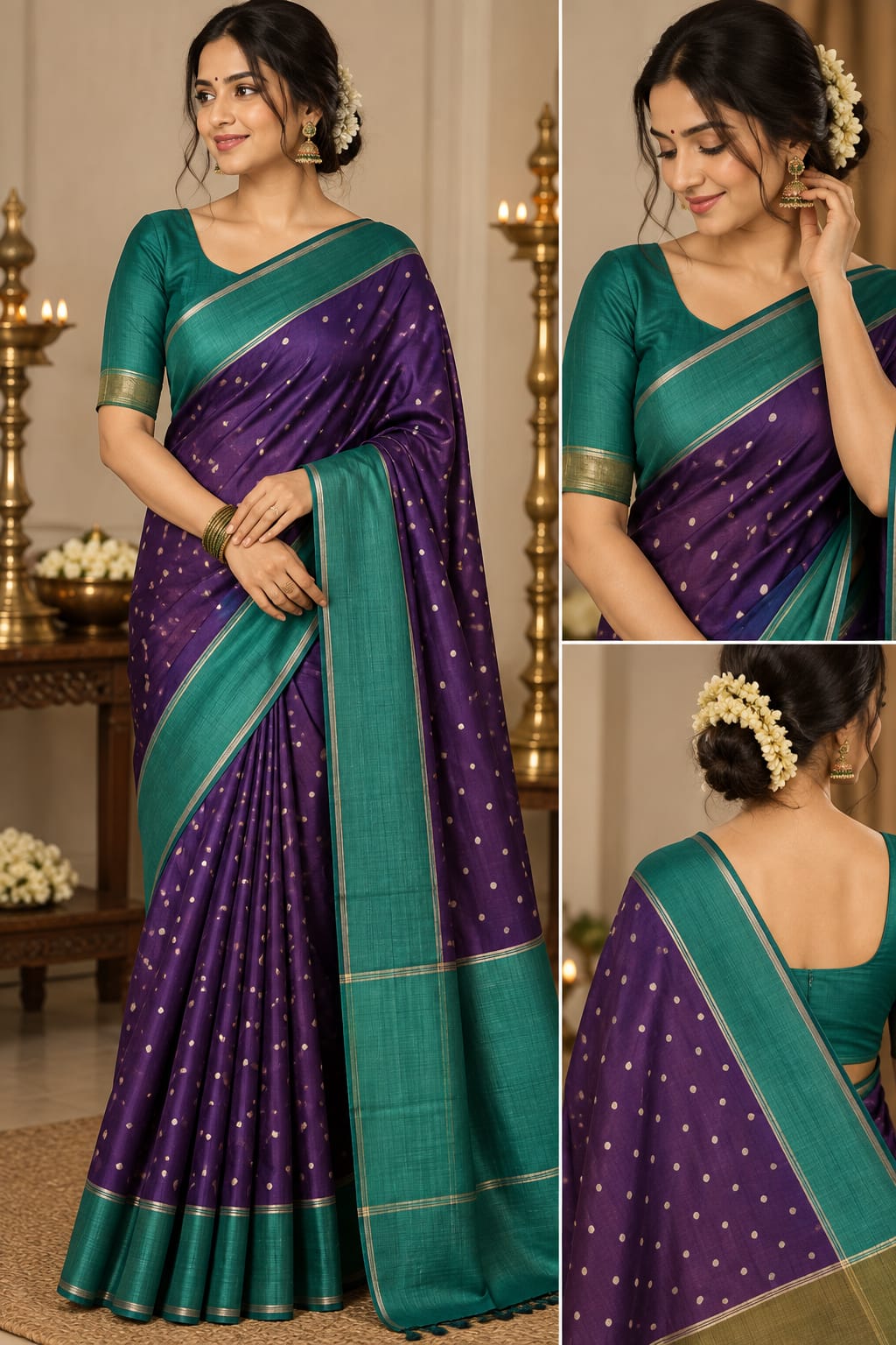 Matka Silk Saree with Woven Polka Dots | Contrast Border
