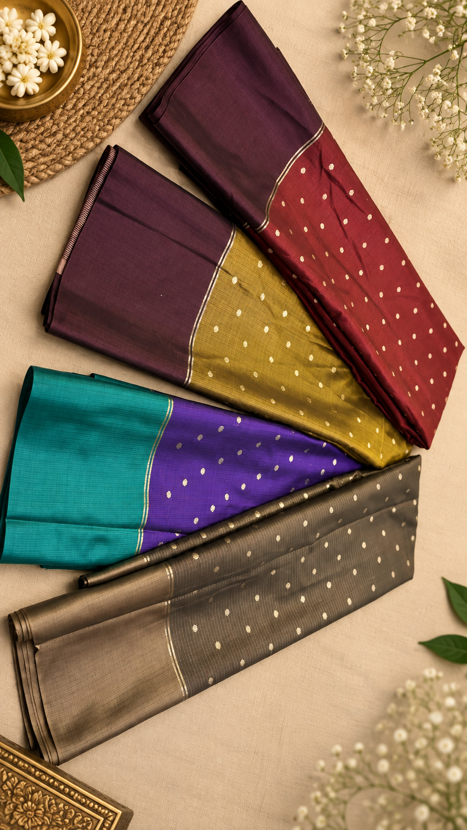 Matka Silk Saree with Woven Polka Dots | Contrast Border